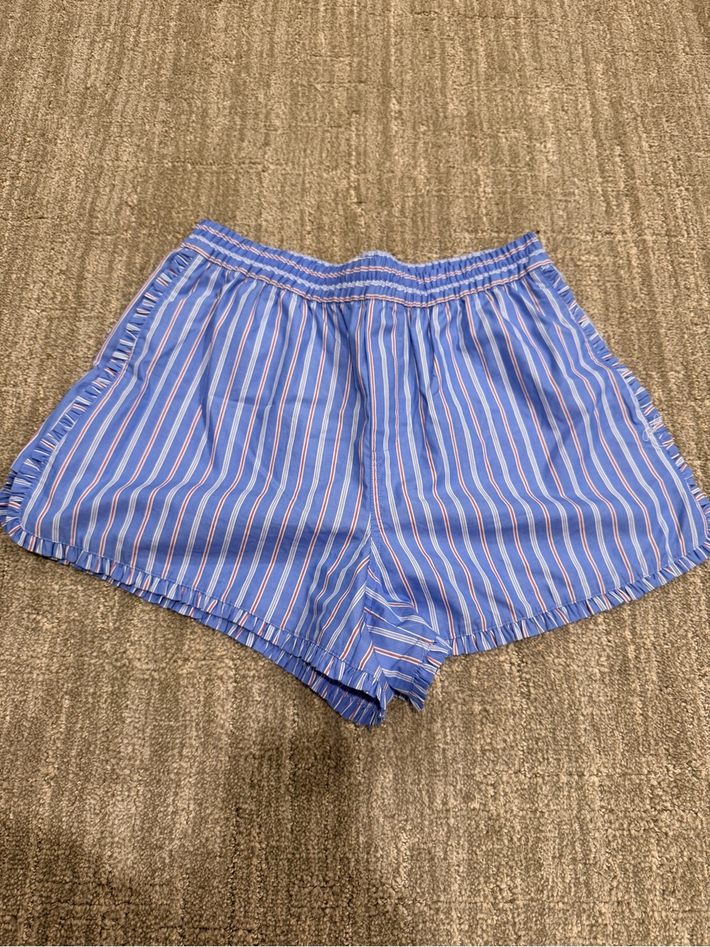 Blue Striped Ruffle-Hem Athletic Shorts